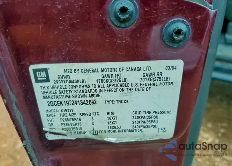 2004 Chevrolet Silverado K1500 from USA, damaged, VIN 2GCEK19T241342692